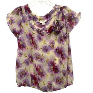 LOFT Sheer Floral Blouse Pink and Purple neck bow detail size LP